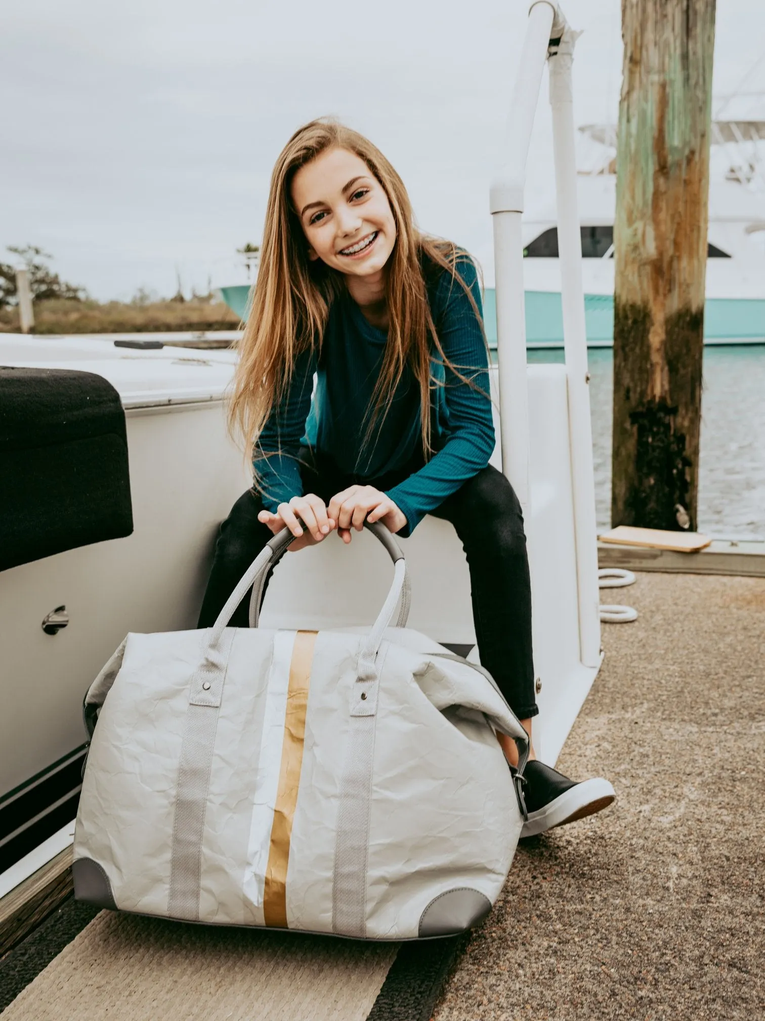 The Weekender Bag in Earth Gray with Silver and Gold Stripes