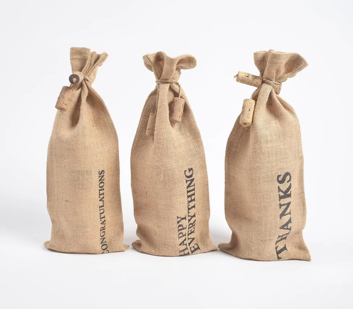 Typographic Drawstring Jute Wine Bags (Set of 3)