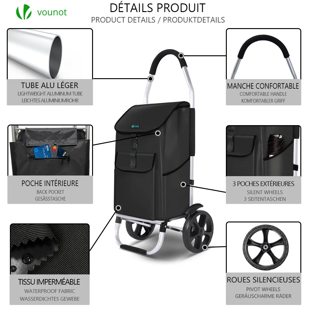 VOUNOT Folding Shopping Trolley with Detachable bag, 2 Mudguard wheels 55L Black