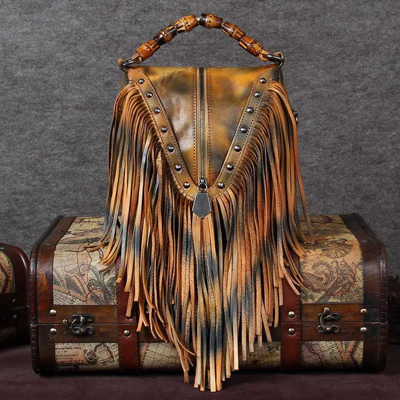 Western Womens Vintage Boho Bags Leather Crossbody Fringe Handbags Hippie Purses for Women