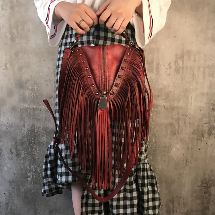 Western Womens Vintage Boho Bags Leather Crossbody Fringe Handbags Hippie Purses for Women