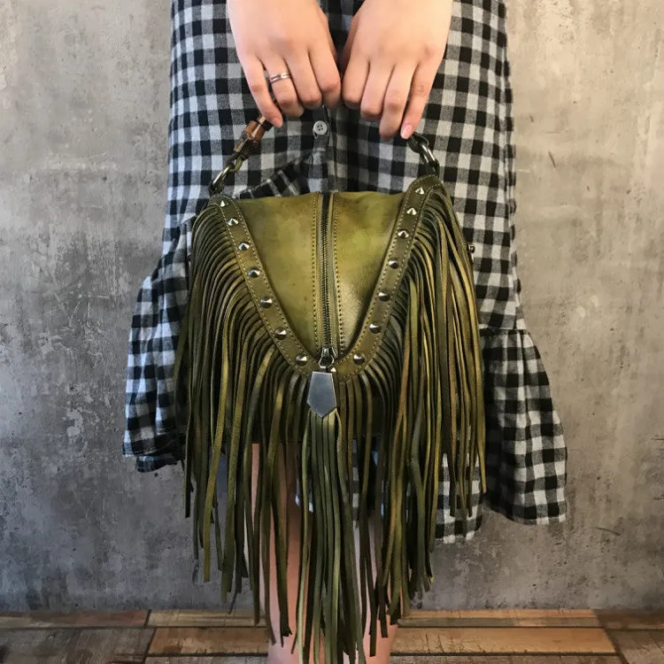 Western Womens Vintage Boho Bags Leather Crossbody Fringe Handbags Hippie Purses for Women